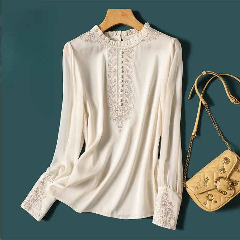 Silk Women's Blouses 2023 Spring Autumn Print Long Sleeve Shirts Loose Korean O-Neck Lace Top New Casual Clothing