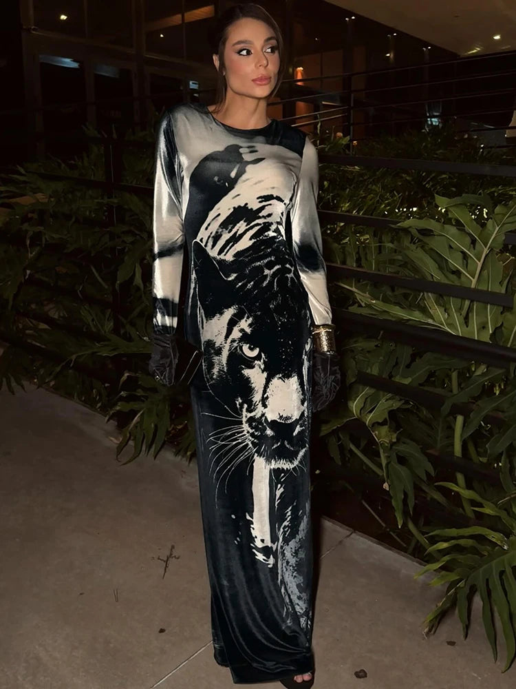 Weird Puss Fall Trend Dress Women Tiger Print Full Sleeve Skinny Tigh Streetwear Casual Hipster Stretch o-Neck Midnight Vestidos