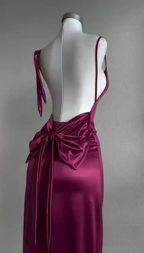 2025 Early Spring new style swing neck satin halter dress, women's cinched waist slimming bow dress