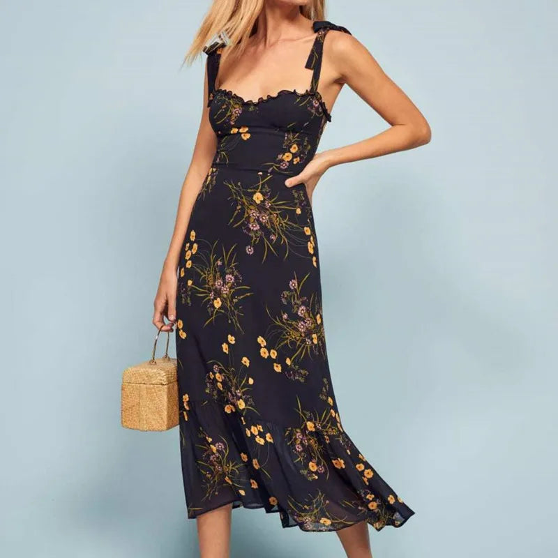 Vintage French Grass Floral Print Bandage Spaghetti Strap Ruffles Hem Midi Dress Retro Sexy Women Tie Bow Sling Summer Vestido