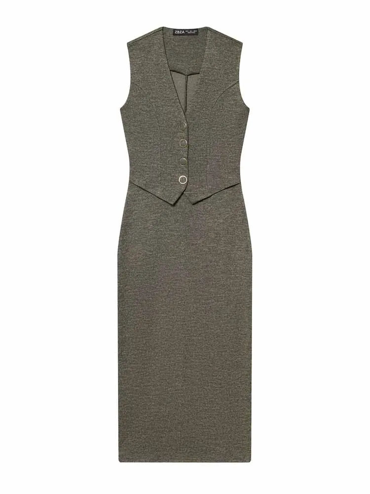 HH Woman Early Spring Solid Color Fake Two Piece Set V Collar Button Decoration Sleeveless Midi Dress Female Casual Slim Dress