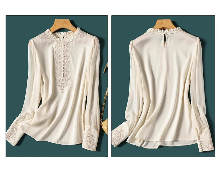 Silk Women's Blouses 2023 Spring Autumn Print Long Sleeve Shirts Loose Korean O-Neck Lace Top New Casual Clothing
