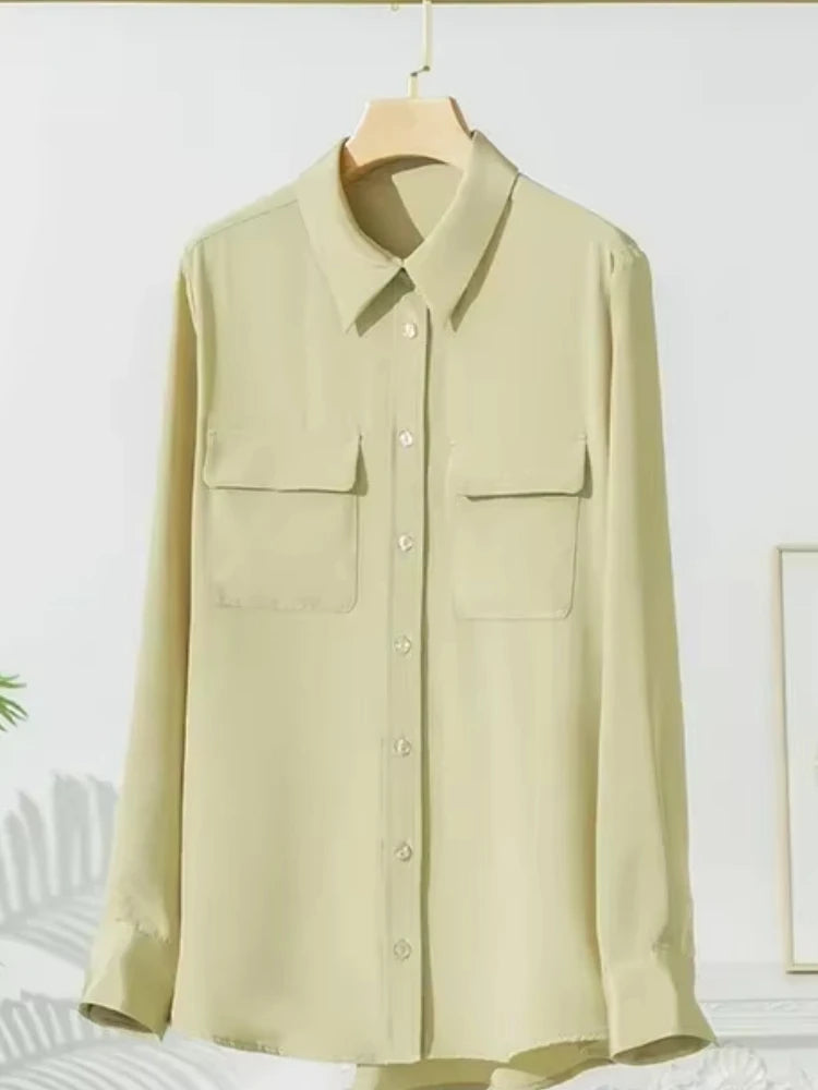 2025 Spring New Heavy Silk Shirt Women's Long Sleeve Mulberry Silk Blouse Temperament White Shirt Loose Top 93% Mulberry Silk