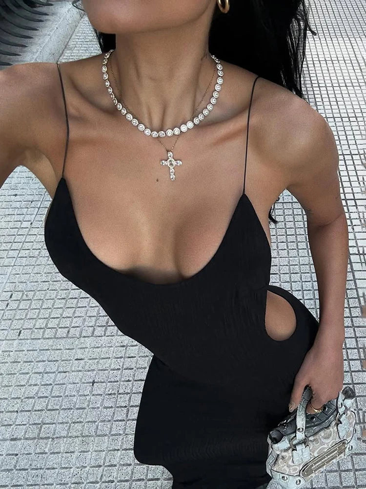 Sisterlinda Sexy Cross Backless Dress Women Trend Metal Cube Sleeveless Low-Neck Coquette Midnight Party Club Stretch Vestidos